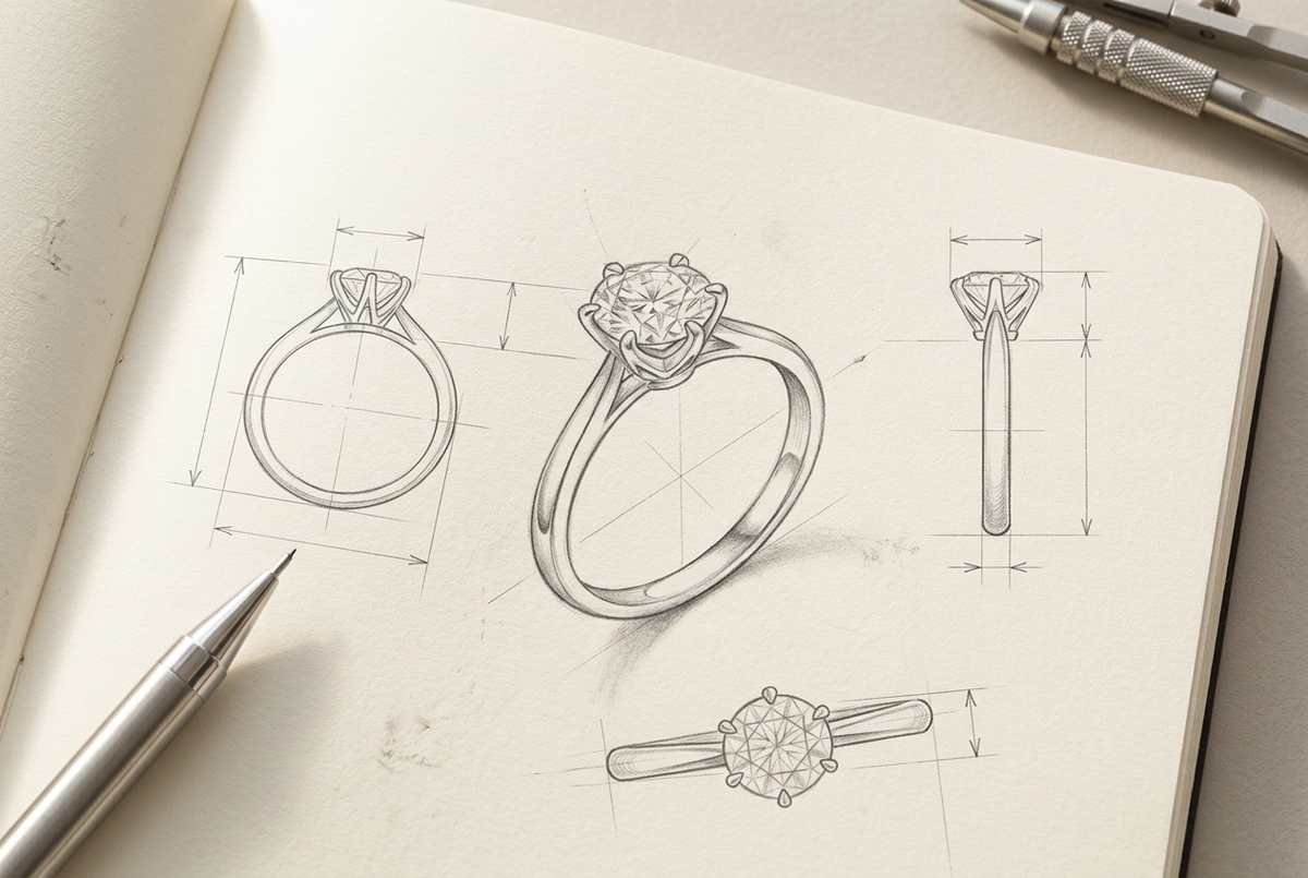 Progettazione di un anello con diamante, con schizzi tecnici a matita e dettagli da atelier